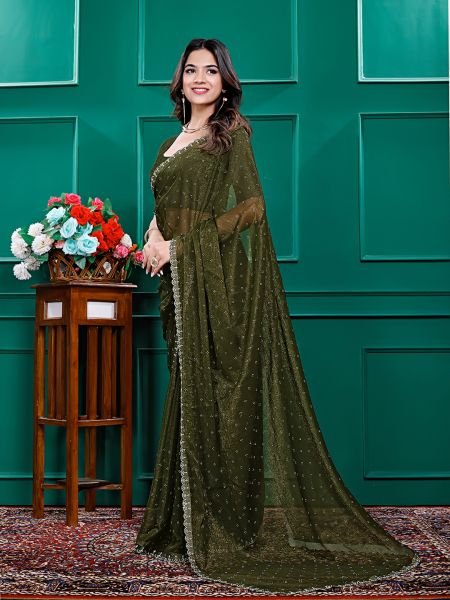 Chiffon Swarovski Diamond Lace Work Saree with Unstitched Blouse Piece Designer Sarees