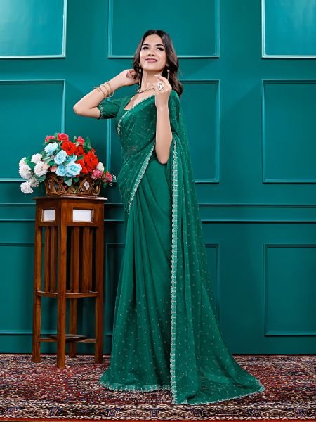 Chiffon Swarovski Diamond Lace Work Saree with Unstitched Blouse Piece Designer Sarees