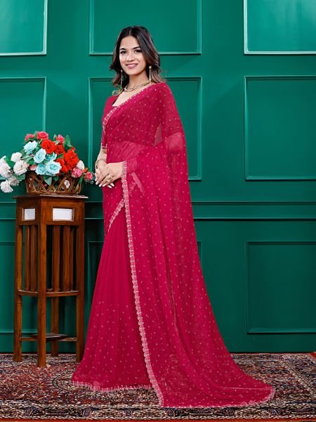 Chiffon Swarovski Diamond Lace Work Saree with Unstitched Blouse Piece Designer Sarees