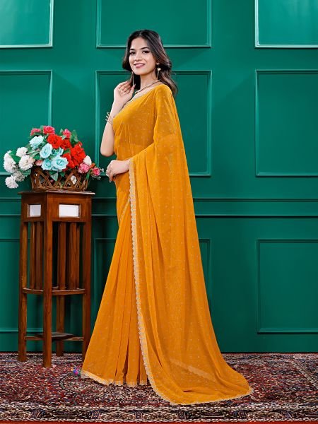 Chiffon Swarovski Diamond Lace Work Saree with Unstitched Blouse Piece Designer Sarees
