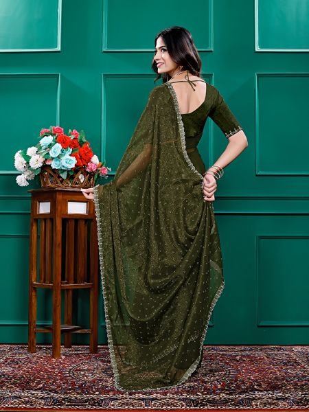 Chiffon Swarovski Diamond Lace Work Saree with Unstitched Blouse Piece Designer Sarees