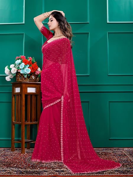 Chiffon Swarovski Diamond Lace Work Saree with Unstitched Blouse Piece Designer Sarees