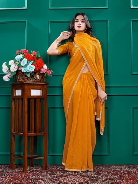 Chiffon Swarovski Diamond Lace Work Saree with Unstitched Blouse Piece Designer Sarees