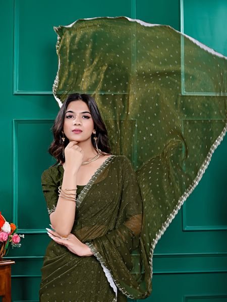 Chiffon Swarovski Diamond Lace Work Saree with Unstitched Blouse Piece Designer Sarees