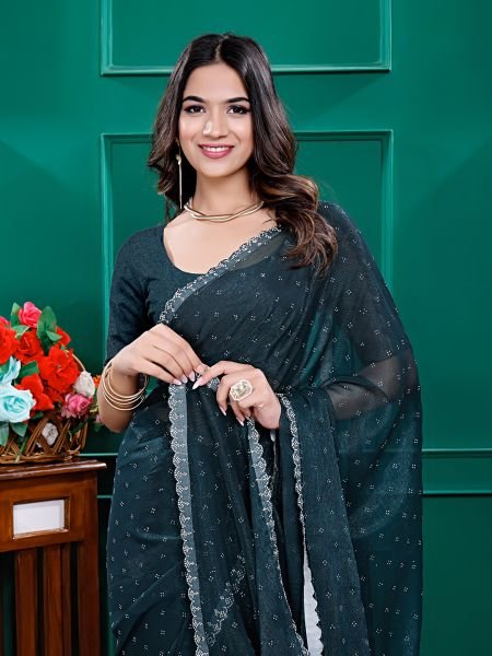 Chiffon Swarovski Diamond Lace Work Saree with Unstitched Blouse Piece Designer Sarees