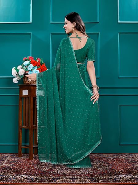 Chiffon Swarovski Diamond Lace Work Saree with Unstitched Blouse Piece Designer Sarees