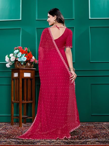 Chiffon Swarovski Diamond Lace Work Saree with Unstitched Blouse Piece Designer Sarees