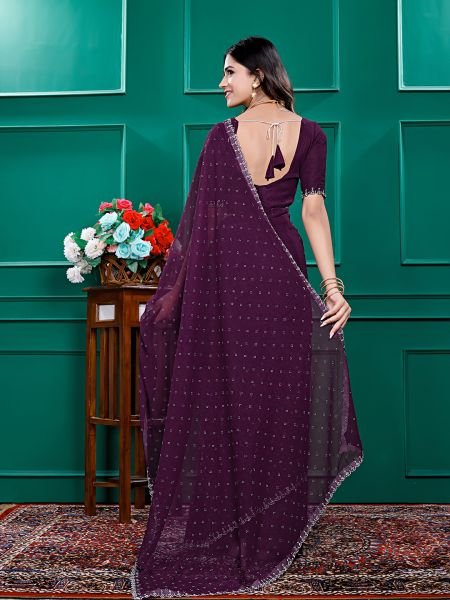 Chiffon Swarovski Diamond Lace Work Saree with Unstitched Blouse Piece Designer Sarees