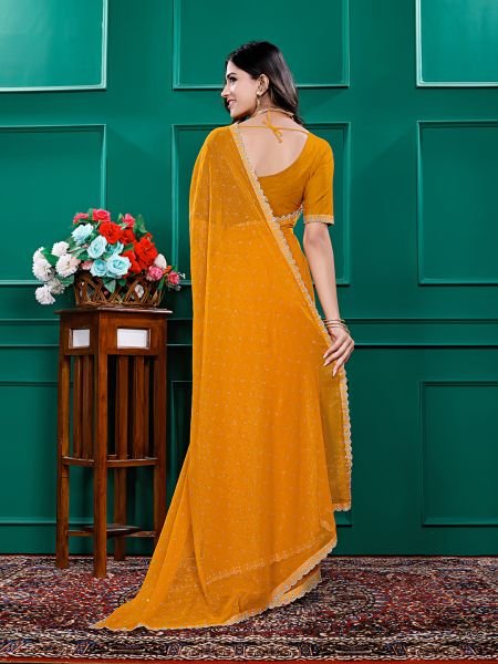 Chiffon Swarovski Diamond Lace Work Saree with Unstitched Blouse Piece Designer Sarees