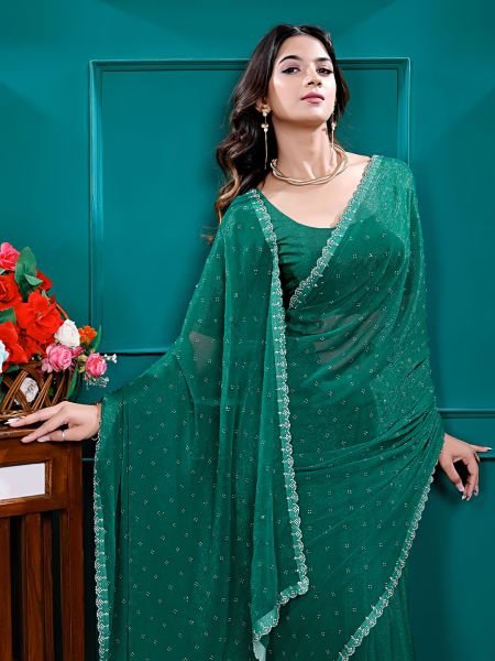 Chiffon Swarovski Diamond Lace Work Saree with Unstitched Blouse Piece Designer Sarees