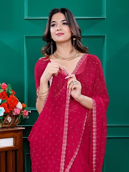 Chiffon Swarovski Diamond Lace Work Saree with Unstitched Blouse Piece Designer Sarees