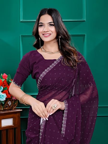 Chiffon Swarovski Diamond Lace Work Saree with Unstitched Blouse Piece Designer Sarees