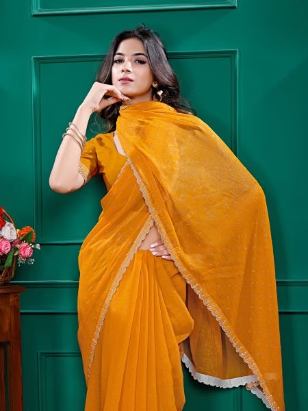 Chiffon Swarovski Diamond Lace Work Saree with Unstitched Blouse Piece Designer Sarees