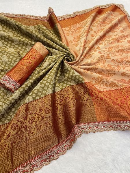 Chiku Pattu Silk Jacquard Embroidery Lace Border Dharmavaram Saree Sale