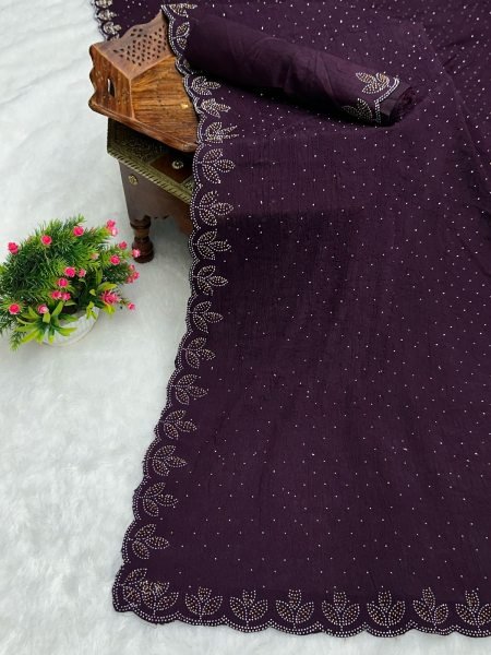 Chinon Crush Silk Saree with Siroski Diamond Work Daily Deals