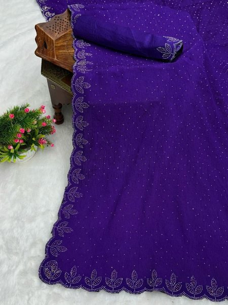 Chinon Crush Silk Saree with Siroski Diamond Work Daily Deals