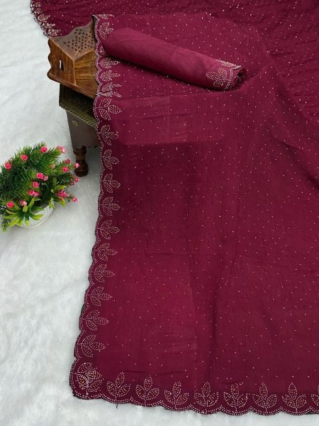 Chinon Crush Silk Saree with Siroski Diamond Work Daily Deals