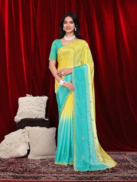 Chinon Dual Tone Saree with Embroidered Moti Border   Unstitched Blouse Piece Daily Deals