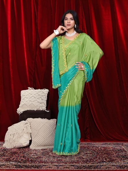 Chinon Dual Tone Saree with Embroidered Moti Border   Unstitched Blouse Piece Daily Deals