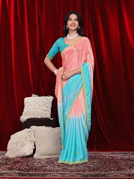 Chinon Dual Tone Saree with Embroidered Moti Border   Unstitched Blouse Piece Daily Deals