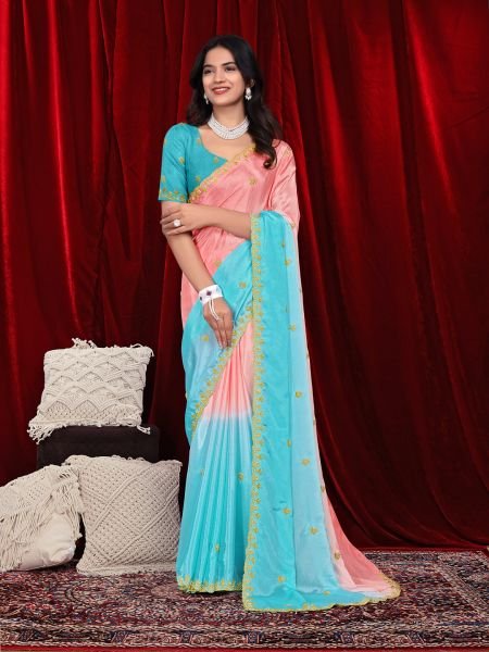 Chinon Dual Tone Saree with Embroidered Moti Border   Unstitched Blouse Piece Embroidered Sarees
