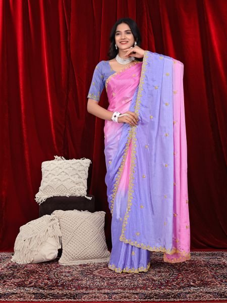 Chinon Dual Tone Saree with Embroidered Moti Border   Unstitched Blouse Piece Embroidered Sarees