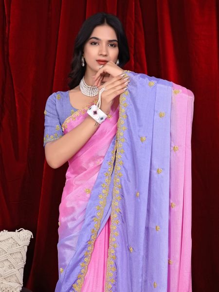 Chinon Dual Tone Saree with Embroidered Moti Border   Unstitched Blouse Piece Embroidered Sarees