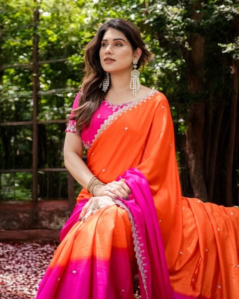 Chinon Embroidered Saree with Shaded Solid Color Design Daily Deals