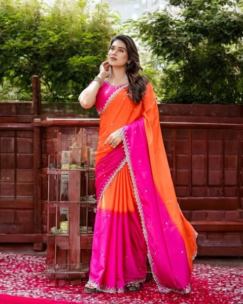 Chinon Embroidered Saree with Shaded Solid Color Design Designer Sarees