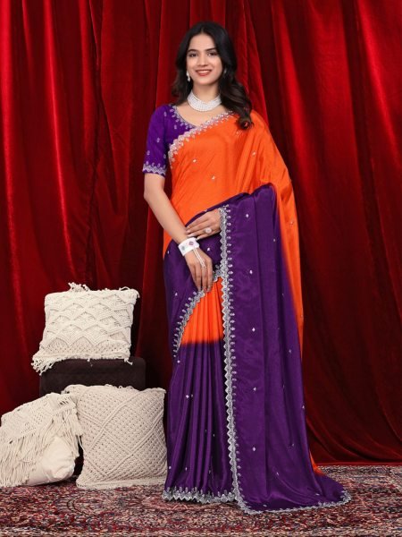Chinon Embroidered Saree with Shaded Solid Color Design Designer Sarees