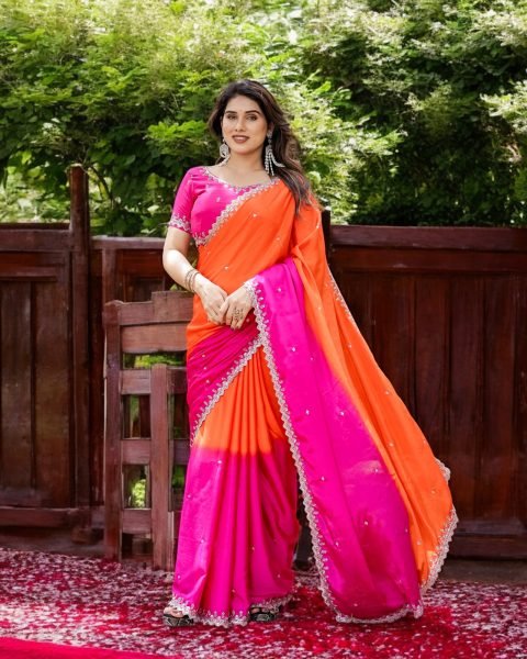 Chinon Embroidered Saree with Shaded Solid Color Design Designer Sarees
