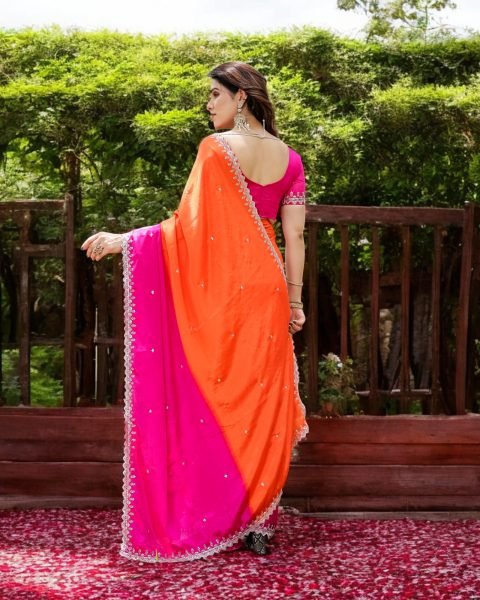 Chinon Embroidered Saree with Shaded Solid Color Design Designer Sarees