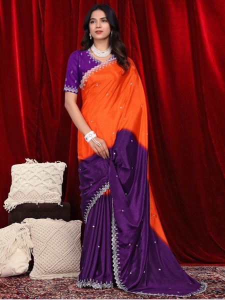 Chinon Embroidered Saree with Shaded Solid Color Design Designer Sarees