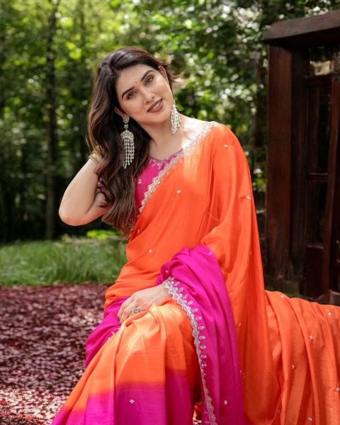 Chinon Embroidered Saree with Shaded Solid Color Design Designer Sarees