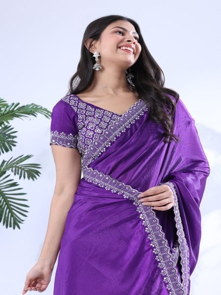 Chinon Embroidery Sequence Lace Border Purple Saree Designer Sarees