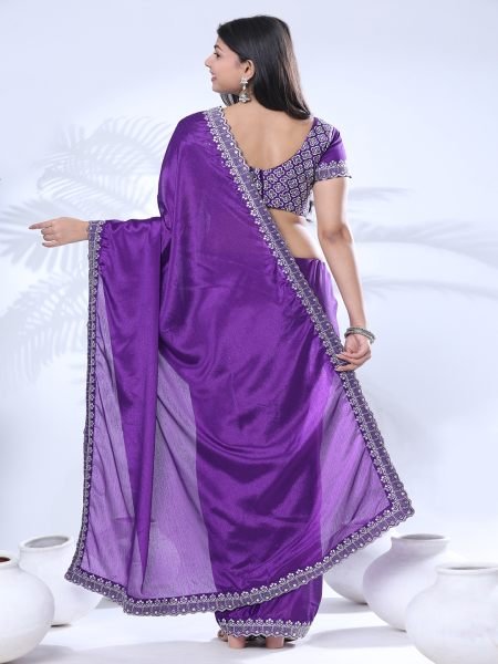 Chinon Embroidery Sequence Lace Border Purple Saree Designer Sarees