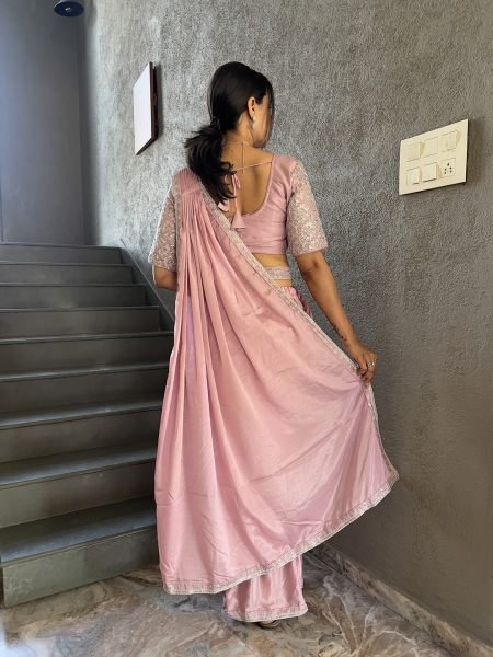  Chinon Embroidery Work Saree With Stitched Blouse Ready To Wear Sarees