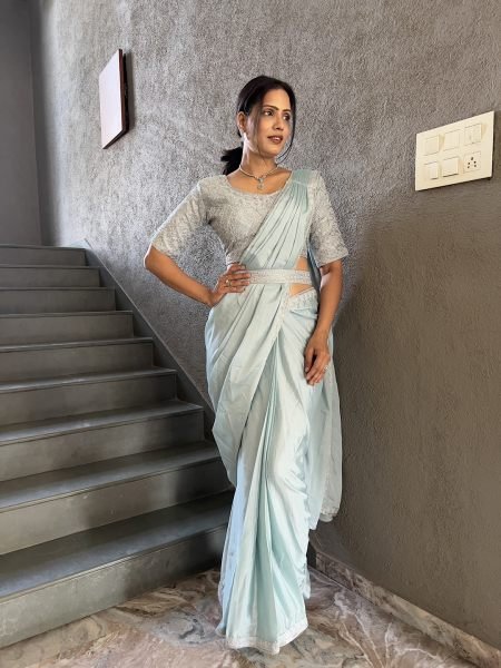 Chinon Embroidery Work Saree With Stitched Blouse Ready To Wear Sarees