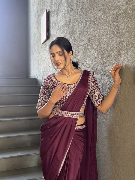  Chinon Embroidery Work Saree With Stitched Blouse Ready To Wear Sarees