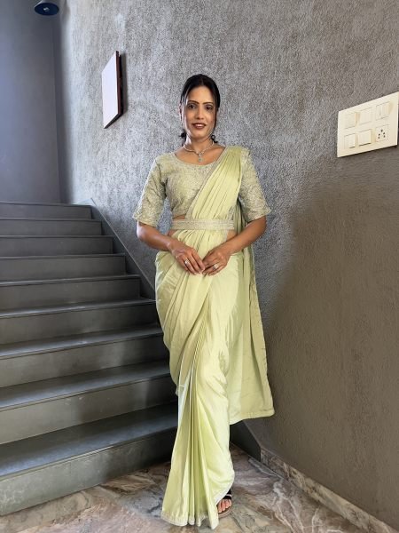  Chinon Embroidery Work Saree With Stitched Blouse Ready To Wear Sarees