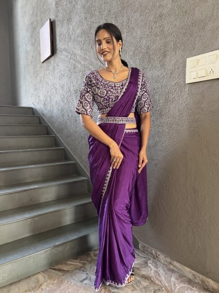 Chinon Embroidery Work Saree With Stitched Blouse Ready To Wear Sarees