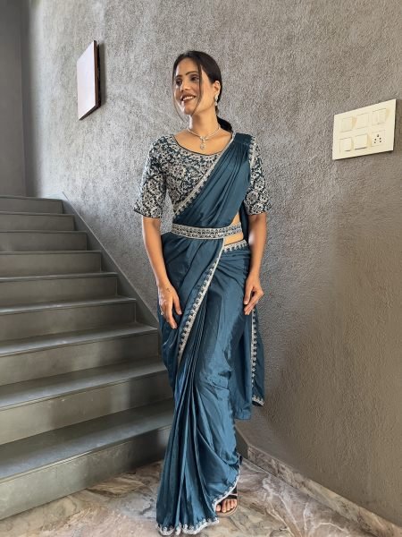  Chinon Embroidery Work Saree With Stitched Blouse Ready To Wear Sarees