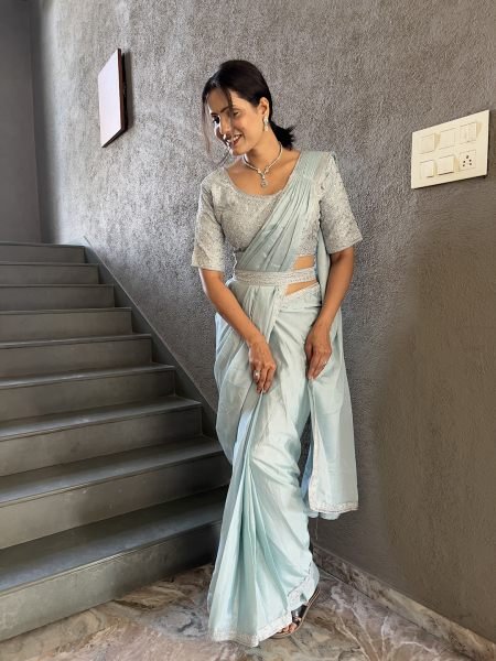  Chinon Embroidery Work Saree With Stitched Blouse Ready To Wear Sarees