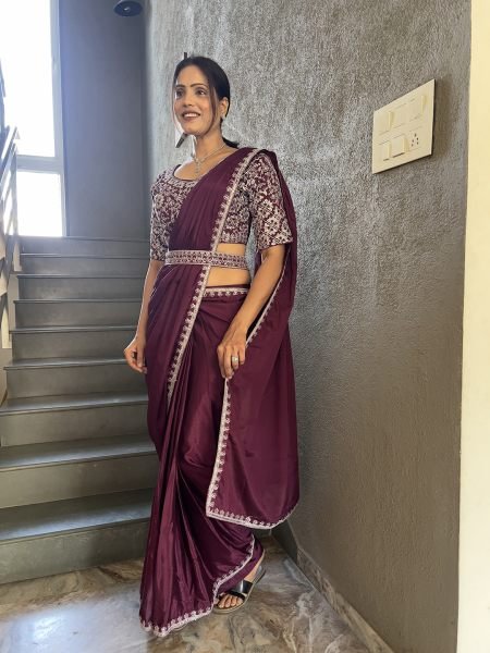  Chinon Embroidery Work Saree With Stitched Blouse Ready To Wear Sarees
