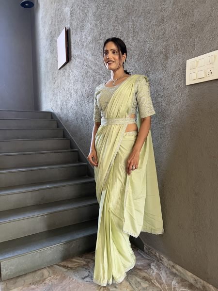  Chinon Embroidery Work Saree With Stitched Blouse Ready To Wear Sarees