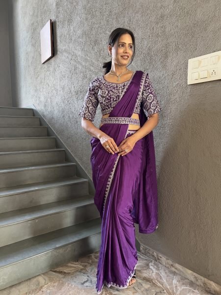  Chinon Embroidery Work Saree With Stitched Blouse Ready To Wear Sarees
