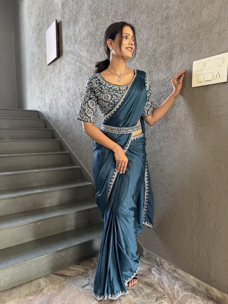  Chinon Embroidery Work Saree With Stitched Blouse Ready To Wear Sarees