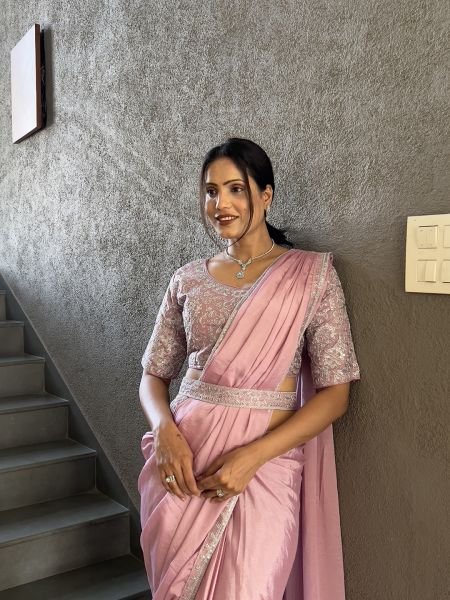  Chinon Embroidery Work Saree With Stitched Blouse Ready To Wear Sarees
