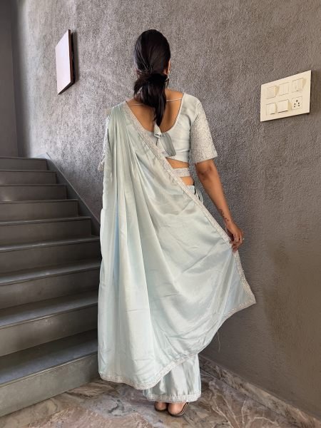  Chinon Embroidery Work Saree With Stitched Blouse Ready To Wear Sarees