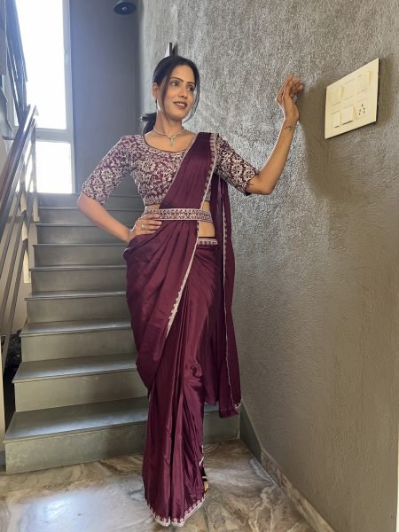  Chinon Embroidery Work Saree With Stitched Blouse Ready To Wear Sarees